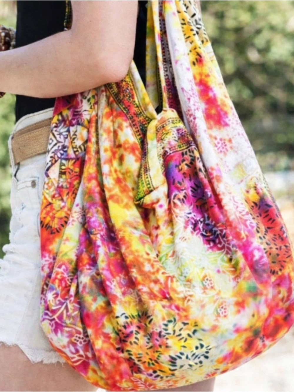 Boho Hobo Bag Pink Yellow Tie Dye Slouchy Shoulder Bag Zipper Large. NWOT